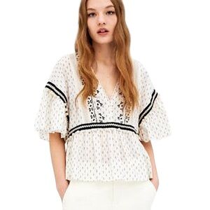 ZARA: Trafaluc Collection Cropped Shirt White/Blue Embroidered Blouse -Medium